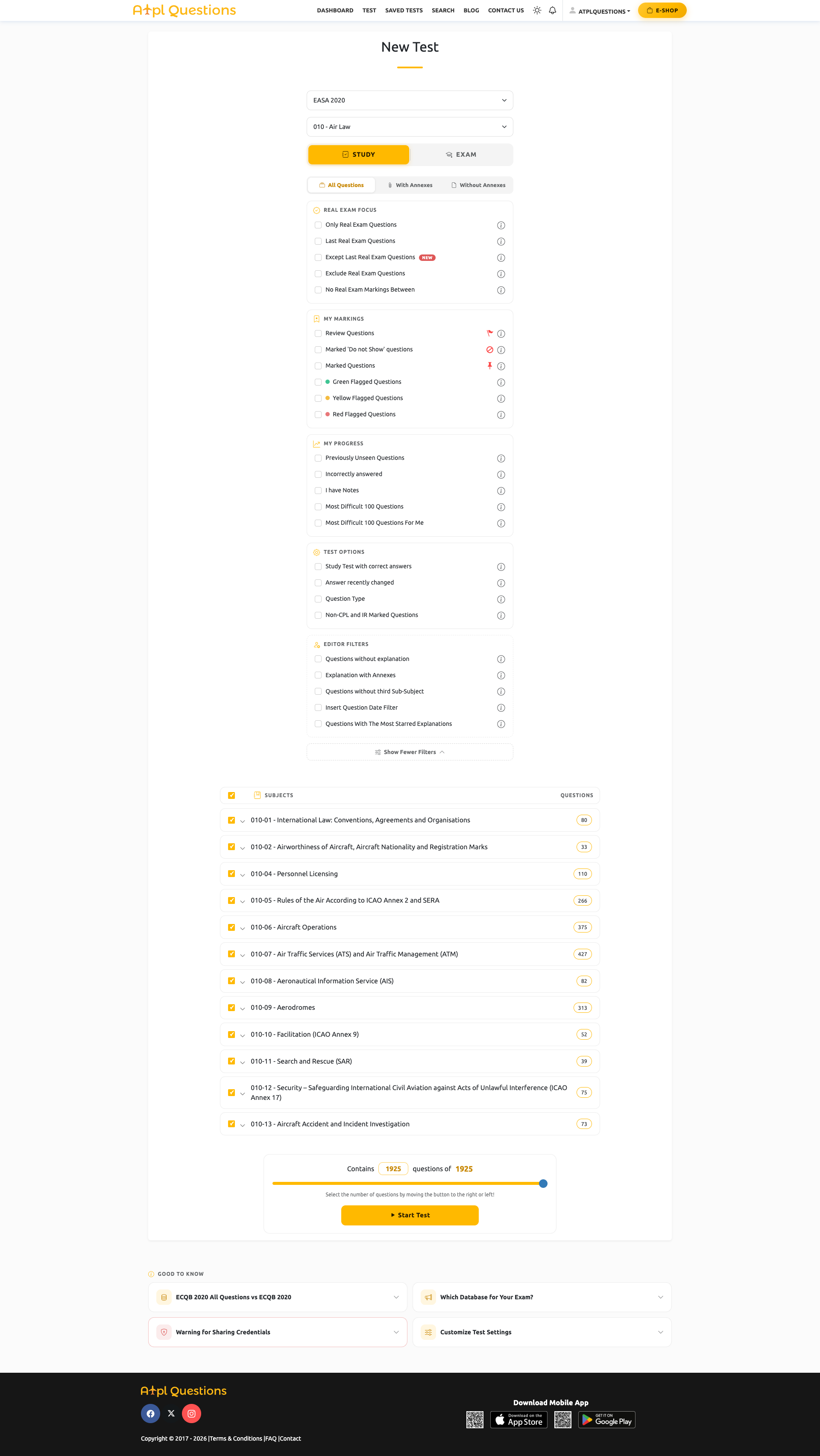 New test screen of the ATPL Questions student platform