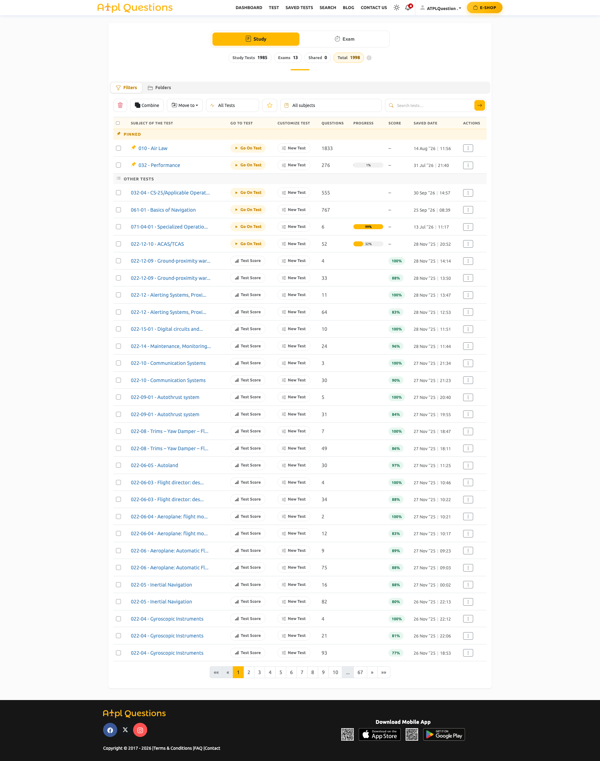 Saved tests screen of the ATPL Questions student platform