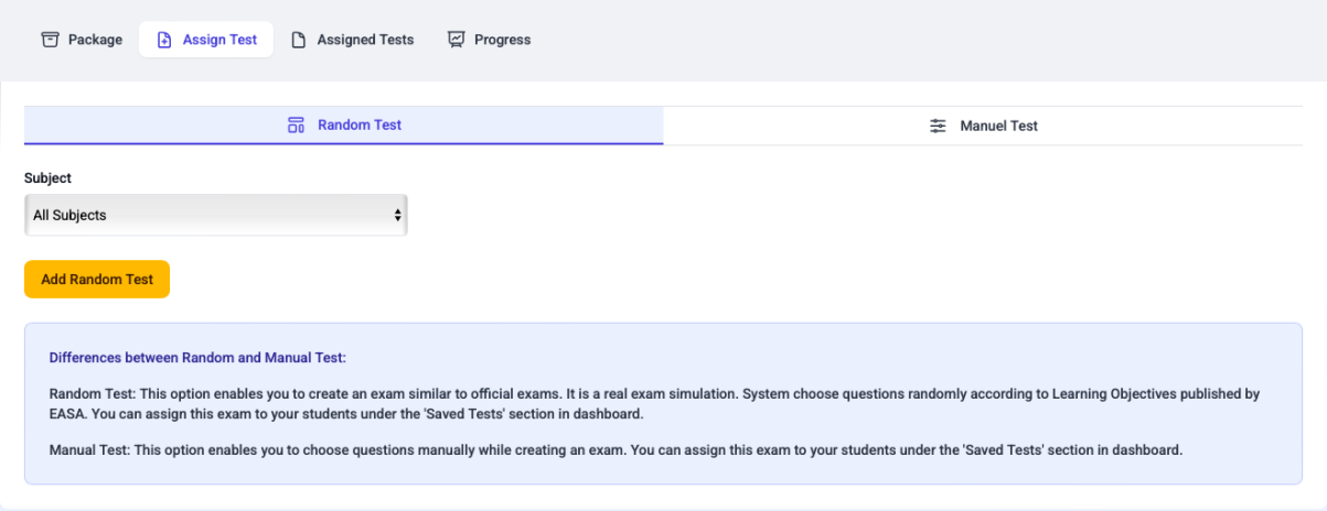 Assign test screen of the ATPL Questions LMS