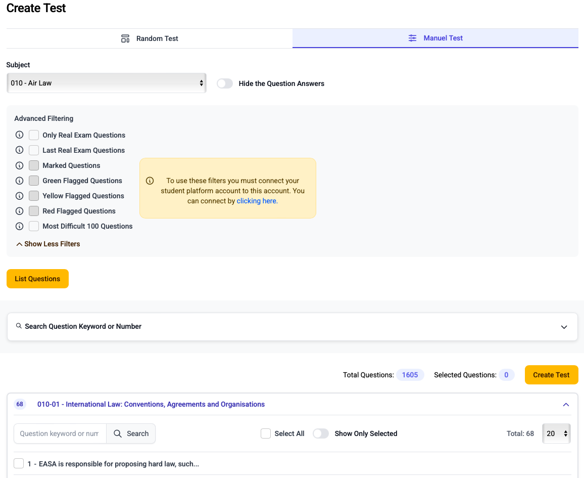 Create test screen of the ATPL Questions LMS