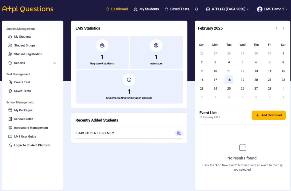 Dashboard screen of the ATPL Questions LMS