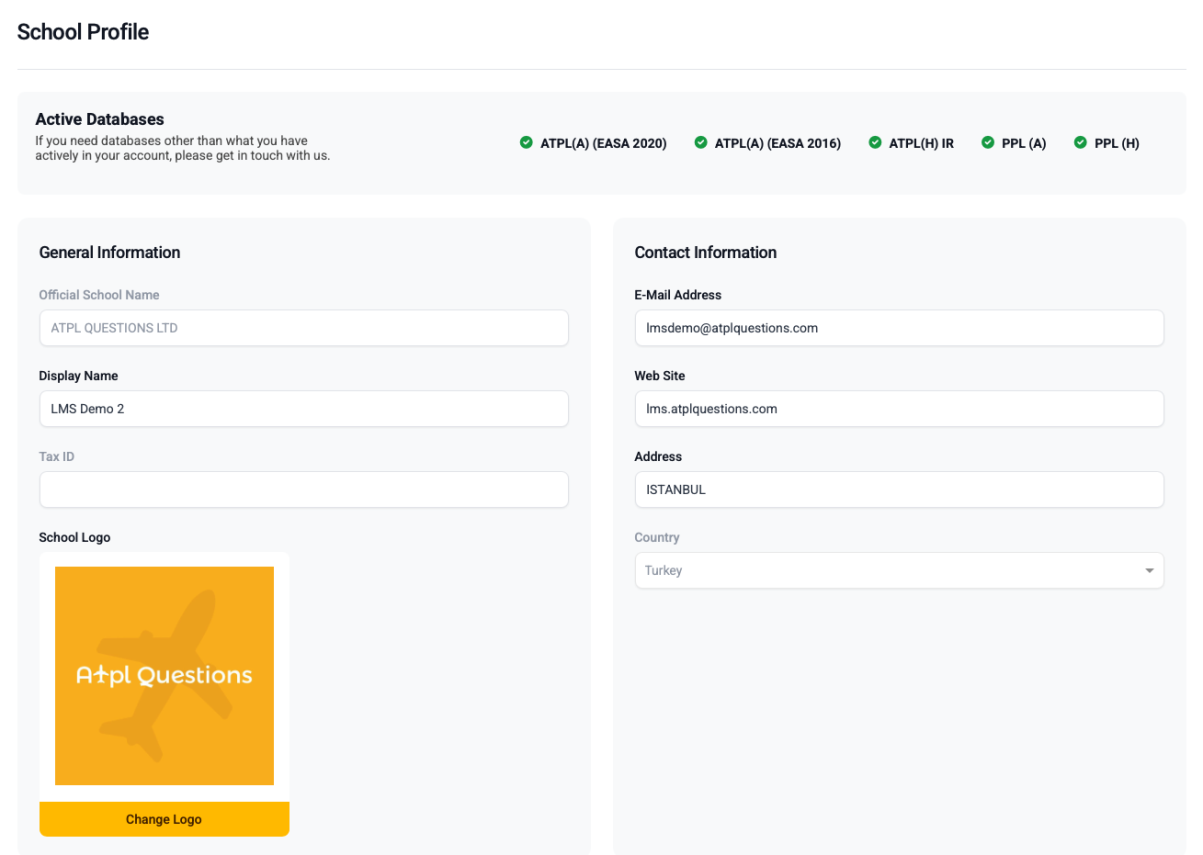 School profile screen of the ATPL Questions LMS
