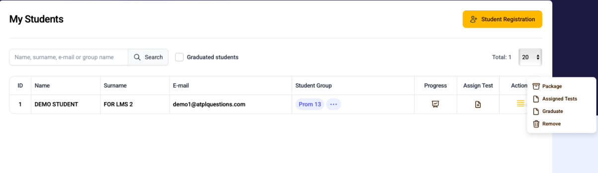 My students screen of the ATPL Questions LMS