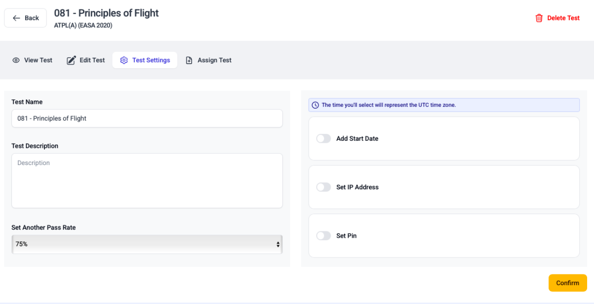 Test settings screen of the ATPL Questions LMS